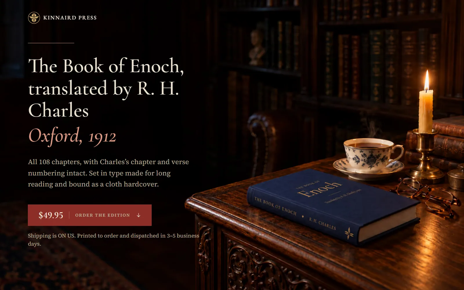 The Kinnaird Press home page: The Book of Enoch in navy cloth on a candlelit oak desk, beside the title and an order button.